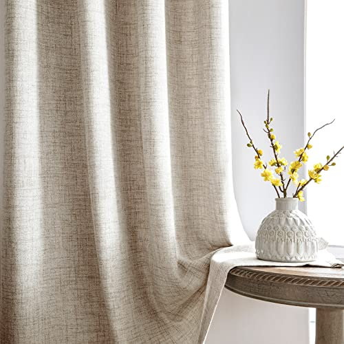 Melodieux Gardinen mit Kräuselband Beige Leinen Optik Halbfrei Vorhänge Gardinenschals 2er Set, 225x140cm
