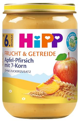 HiPP Bio Frucht & Getreide Apfel-Pfirsich mit 7-Korn, 6er Pack (6 x 190g), Mittel