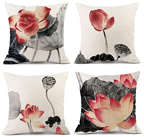 OCEUMACO Leinen Kissenbezug 45x45 Orientalisch Japan Blumen Kissenhülle 4er Set Quadratisch Sofakissen Dekokissen Bezug für Couch Kissen Kissenbezüge Outdoor Deko Couchkissen Zierkissen - Rot