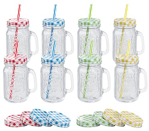 WELLGRO Lot de 8 verres multicolores avec couvercle et paille 500 ml avec couvercles de rechange