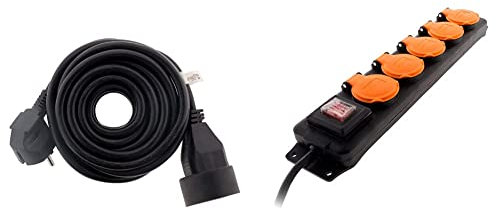 Prolongateur 16A 2P+T HO5VV-F 3G1,5mm² Noir 10m & Bloc étanche IP44 5 Prises 16A 2P+T avec clapets et Interrupteur Câble HO5RRF 3G1 de 1,5m