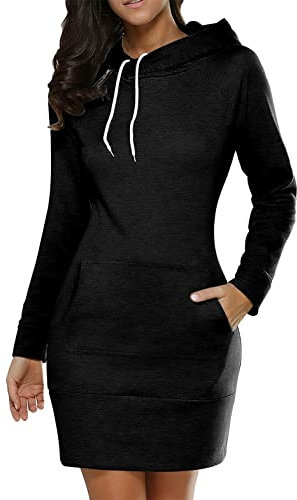 Minetom Damen Hoodie Kleid Oversize Pullover Mit Kapuze Sweatshirtkleid Lang Maxi Winter Herbst Mini Kleider Langarm Lange Kapuzenpulli Jumper Pulli A Schwarz XL z