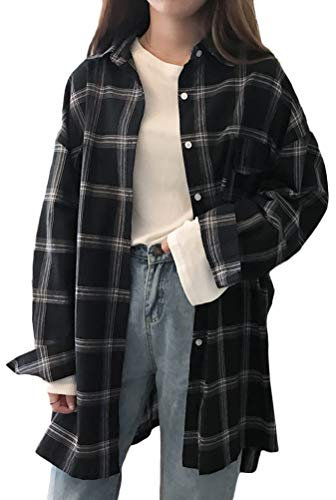 ORANDESIGNE Chemise à Carreaux Femme Chemise Noir Blouse Chic avec Bouton à Manches Longues Cardigan à Carreaux en Flanelle A Noir L