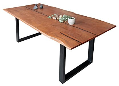 SAM Baumkantentisch 200 x 100 cm Polly, Epoxidharz-Adern in Schwarz, Akazienholz massiv + nussbaumfarben, Esstisch mit U-Eisengestell Schwarz, Tischplatte 26 mm, Esszimmertisch mit echter Baumkante