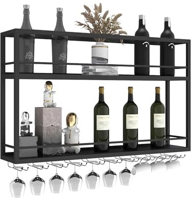 DSVONAUS industriell wandmontierte Weinregal mit Glashalter, Schwarz Metallflaschenhalter Multi funktionaler Weinpareite Display Rack 2-stufiges für Home Bar Dining Room Kitchenkitchen (120×20×65cm)