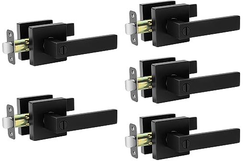 AIKKIL Black Interior Door Handle Square Keyless Door Lock Set, 5 Pack Privacy Door Levers Handle for Bedroom or Bathroom, Heavy Duty Door Handles with Reversible Handle for Left Right Sided Doors