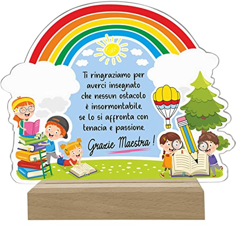 STAMPATEK Idee Regalo per Maestre Fine Anno, Targa Con Dedica e Arcobaleno, per Insegnanti Degli Alunni, Bambini 5 Elementare, Asilo