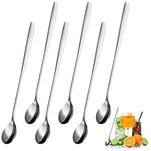 Lot de 6 cuillères à café longues en acier inoxydable - Avec manche long de 19 cm - Pour glace, café latte, café, café, dessert, yaourt, milkshake