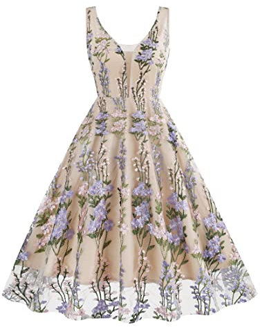 Wellwits Femme Robe Plongeante Vintage en Dentelle Transparente avec Broderie Florale pour Soirée à Thème Forestier Cocktail et Soirée Formelle Princesse Forêts Violet Abricot 2XL