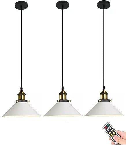 White Pendant Light Battery Operated with Remote,Non Hardwired Ceiling Hanging Lamp Fixtures,Industrial Wireless Pendant Lighting Chandelier for Dining Room Kitchen Island Bedroom Entryway Foyer (Col