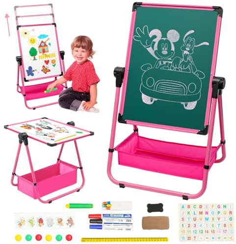 Kinder Staffelei Malerei Doppelseitige Tafel für Kinder mit Kreidetafel & Whiteboard 360 drehbare Höhenverstellbar Standtafel mit Zubehör für Jungen Mädchen ab 3 Jahre