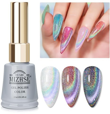 MIZHSE Holographic Cat Eye Gel Nail Polish Rainbow Magnetic Cateye Gel Polish Vibrant Rainbow Effects Nail Salon Kit Manicure DIY at Home