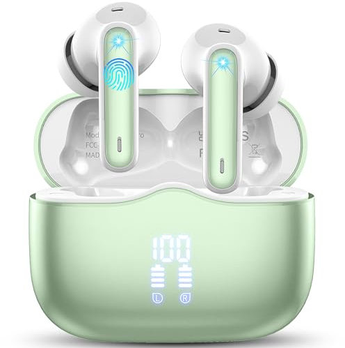 Wireless Earbuds, 2025 Bluetooth 5.3 Headphones in Ear buds HiFi Stereo, 40H Bluetooth Earphones with 4 ENC Noise Cancelling Mic, IP7 Waterproof Wireless Headphones LED Display UltraLight, Grass Green