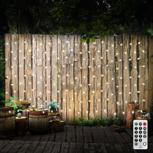 Cortina Luces Navidad, 2 m x 1 m, funciona con pilas,cable verde, luces de jardín exteriores 8 modos de parpadeoLuces De Cortina De Ventana,Decoración Para La Navidad,impermeable (blanco)