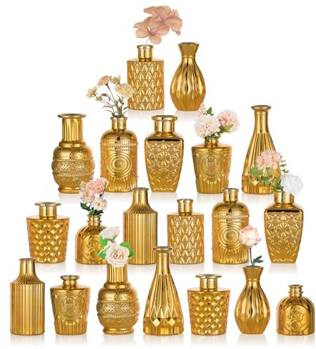 NUPTIO Florero de Cristal Jarrones Dorado: 20 Piezas Pequeños Jarrone Vintage Boda Centro de Mesa para Arreglos Florales Surtidos Mini Navidad Fiesta Cumpleaños Hogar Comedor Sala Estar Decoración