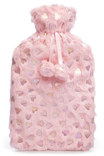 2LT Heart FOIL Print Plush HOT Water Bottle (Pink)