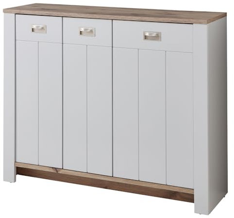 Lomadox Schuhkommode matt grau mit Eiche Landhausstil, 130 cm breit, 3-türig, Kommode Flur Diele Garderobe Schuhschrank