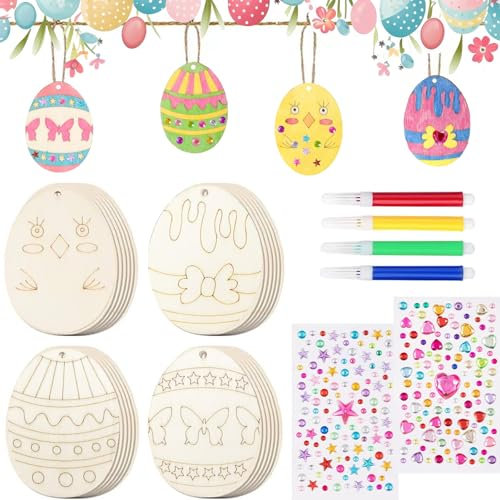 40 Stück Ostern Basteln Holz Ostereier Bastelset Kinder Ostern Basteln Kinder Osterdeko Holzanhänger Ostern Ostereier Deko Holz Bastelset Ostergeschenke für Kinder
