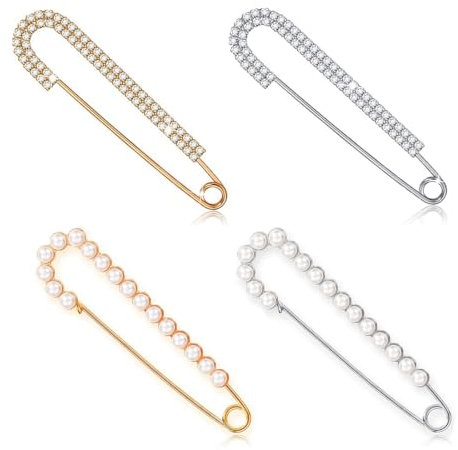 EOUIAV 4 Stück Damen Broschen Pins Pullover Schal Clips, Faux Kristall und Perle Broschen, Kristall Shawl Clips, 2 Stilen,für Damen Mädchen Kleidung