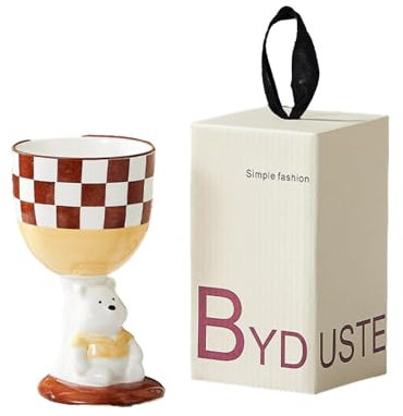 CAPIJIONG 200ml/6oz Mignon Céramique Pied Haut Tasse à Vin Home Creative Petit Déjeuner Crème Glacée Dessert Tasse à Carreaux Ours Brun - Boîte Cadeau
