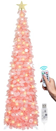 SINTENILL 6 FT Pop Up Christmas Tree with 100 LED Timer Lights & Remote, Pink Collapsible Christmas Tinsel Tree Artificial Pencil Tree Xmas Decoration for Holiday Home Office Party, USB Powered
