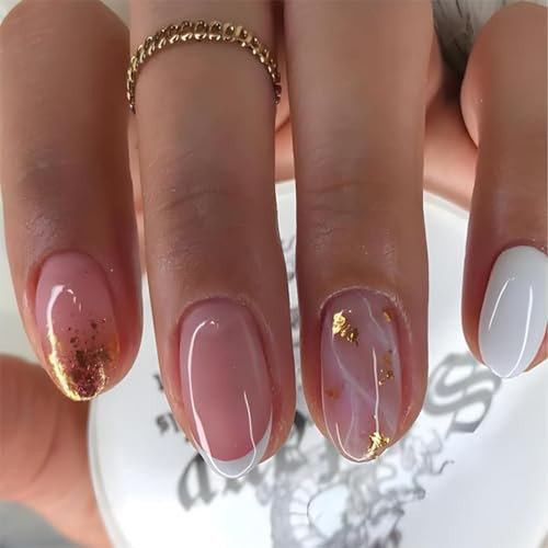 Calkrer 24 Press-on à Pointe Française : Ongles Courts, Ronds, à Tête d'Amande avec Design en Feuille d'Or - Livrés avec Colle Gel et Lime