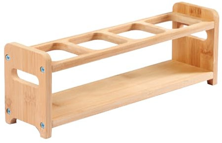 Pssopp Oil Bottle Rack,Wooden Kitchen Spice Organizer Shelf Rack with Anti Slip Rubber Pad 4 Hole Olive Oil Dispenser Shelf Oil Bottles Storage Shelf for Kitchen Cabinet (Square Slots)