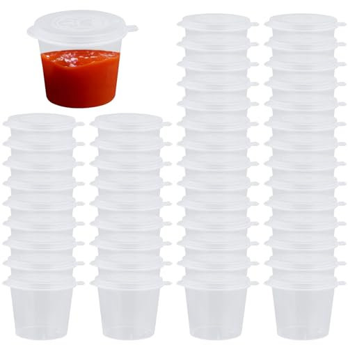 Lot de 55 petits récipients de 28,3 g avec couvercles, pots à sauce ronds en plastique PP à emporter, récipient à condiments, boîte étanche pour sauce, assaisonnements