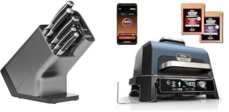 Bloc-couteaux Ninja Foodi StaySharp avec Affûteur, 6 Pièces Aiguisés, en Acier Inoxydable, K32006EU + Ninja Woodfire Pro Connect XL BBQ Électrique Grill & Fumoir, Sonde Numérique, OG901EU