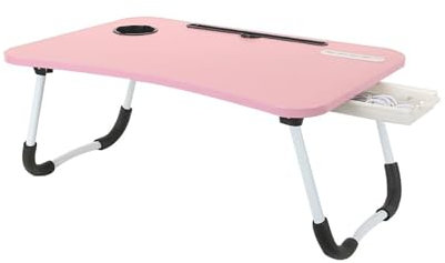 Laptop Table with drawer and USB Ports, small fan - Portable Bed Tray and Lap Desk with Cup Holder -Foldable lap tray for Writing, Reading, and Working on Bed, Couch, or Sofa (Pink)