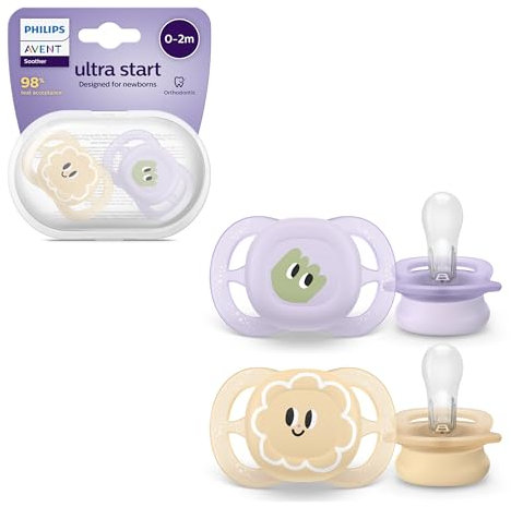 Philips Avent Ultra Start Soothers, Orthodontic Dummies Designed for Newborns, Silicone Symmetrical Teat, BPA Free, with Sterilising/Carrying Case, 2 Pack, Model SCF075/03