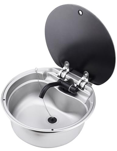 Wohnwagen-RV-Spüle, Edelstahl-Bootsspüle Einklappbares Handwaschbecken Einzelbecken Küchenbar-Spülbecken Mit Gefaltetem Wasserhahn, Deckel Aus Gehärtetem Glas, Outdoor-Wohnmobil-Anhänger-Zubehör