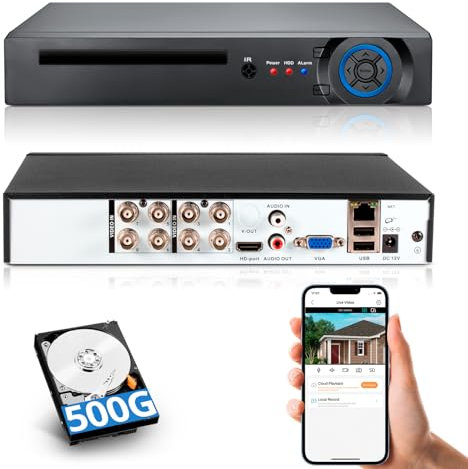 Enregistreur DVR de sécurité 8 canaux avec disque dur 500 G, 8 canaux hybrides 6 en 1 CCTV DVR pour caméra de surveillance, prend en charge les caméras analogiques 8 canaux, DVR pour caméra de