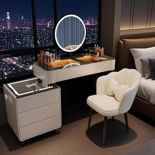 Makeup Vanity with Mirror and LED Lights, Modern Vanity Desk with Drawers and Stool, Dressing Tables with Wireless Charging Station, Vanity Desk set with Bluetooth Speaker, USB Ports (white, 80)