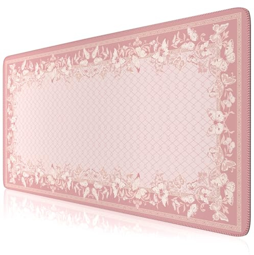 HAOCOO Pink Desk Pad, Cute Computer Mat for Aesthetic Home Accessory | Large Desktop Cover, Non-Slip Mouse Pad with Edge Stitching, 35.4 x 15.7 Desk Accessory for Home Office