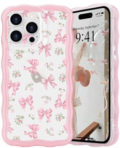 L-FADNUT for iPhone 15 Pro Case Cute Bow Wave Frame Clear, Rose | Curly Wavy Frame Girly Bow Ribbon Pretty Phone Case, Soft Wave Slim Silicone Shockproof Anti-scratch Cover for Women Girls
