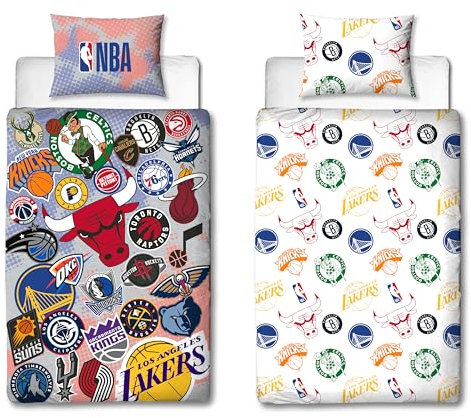 Character World NBA Offiziell lizenziertes Bettwäsche-Set für Einzelbett, Teamabzeichen-Design, wendbar, 2-seitige Basketball-Bettwäsche inklusive passendem Kissenbezug, perfekt für Kinderzimmer