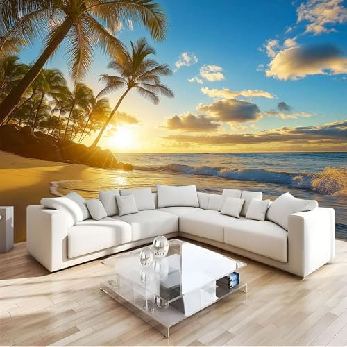 MIATCENRT Paysage Palmiers Papier Peint Panoramique, Coucher De Soleil Plage 3D Tissu De Soie Murale, 396X280Cm (L×H) Tapisserie Poster Geant Mural, Décoration Murale Chambre Salon Restaurant
