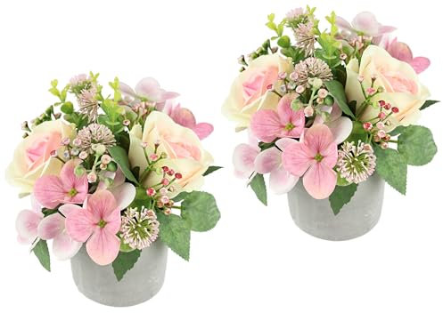 Gesteck Rosen Hortensie Hochzeit Kunstblume 15cm klein Tischblume wie echt Dekoblume Deko Hochzeitsdeko Blumenschmuck Kunstpflanze Künstliche Blume Tischdeko Mittelstücke Zimmerpflanze 2erSet, rosa