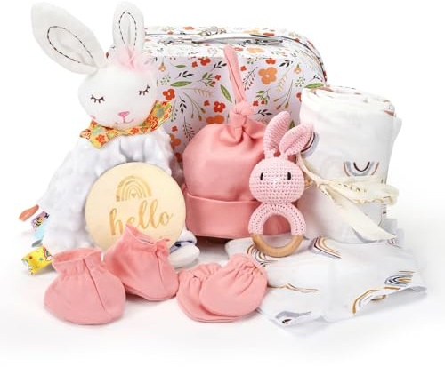 Neugeborenen Geschenk, 12-in-1 Baby Geschenkset für Jungen Mädchen Baby Decke Schmusetuch Holzrassel Lätzchen Socken in Geschenkbox Baby Geburt Geschenk Babyparty (Rosa)