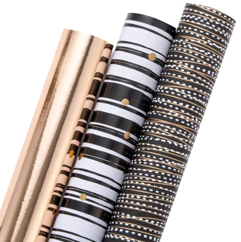 Wikadlik Schwarzgold Geburtstags-Geschenkpapier, 3 Mini-Rollen Folien-Geschenkpapier, luxuriöse Streifen- und einfarbiges Design - 43,5 cm x 3 m pro Rolle