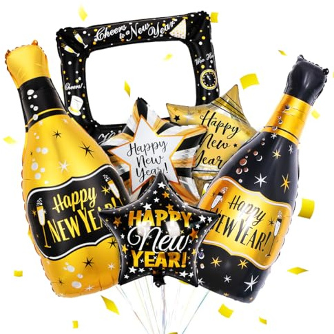 Silvester Deko 2026 XXL, 6 Stück Silvester Folienballon, Happy New Year Deko, Champagner Stern Folienballons Schwarz Gold, 2026 Neujahrs Luftballons für Silvesters Party Dekoration