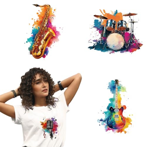 arricraft 4 Sheets Colorful Musical Instruments Theme Iron on Decals Patches, 4 Styles Microphone Guitar Iron on Stickers PET Washable Heat Transfer Stickers for T-Shirts Patches Bags Hats DIY Crafts