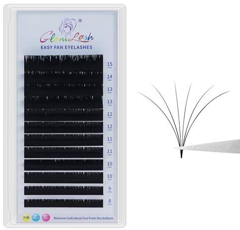 GLAMLASH Easy Fan Volume Lash Extensions 0.07mm D Curl 8-15mm Mix Rapid Blooming Eyelash Extensions Self Fanning Professional Salon Supplies(0.07D,8-15mm,Black)