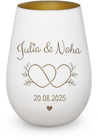Windlicht Hochzeit mit Gravur Hochzeitsgeschenk Herzen Ranke Weiß Gold | Wunschnamen und Datum, Geschenk für Paare, Valentinstag, Jahrestag, Verlobung, Goldhochzeit, Symbol für Liebe