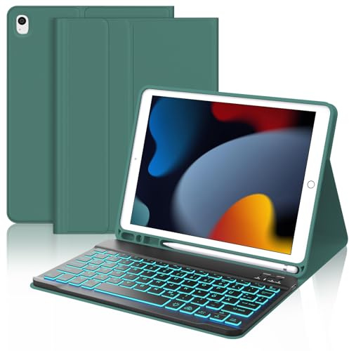 Occtingkind Für iPad 10,2 Hülle mit Beleuchteter Tastatur für 7./8./9. Gen, Air 3, Pro 10.5, Mit 7-Farben Hintergrundlicht, Ohne Trackpad, Deutsches QWERTZ Tastatur layout und Stiftplatz, Smaragdgrün