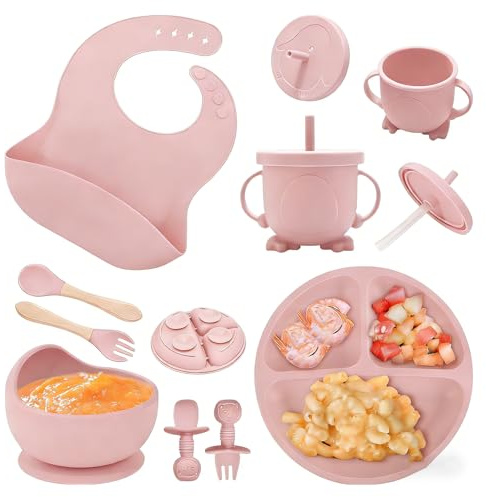 ABCORPHIC Juego de Vajilla y Cubiertos Bebé de Silicona, 8 Piezas, Rosa | Sin BPA, Silicona Alimentaria, Antideslizante con Ventosa, Apto para Lavavajillas