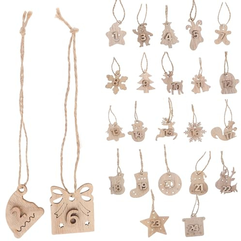 EXAOMBLE Christmas Tree Decorations Advent Calendar with 24 Wooden Pendants DIY Xmas Hanging Calendar Tags in Khaki Synthetic Material for Doors and Corridors