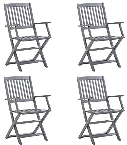 Lot de 4 chaises de jardin pliantes avec coussins en bois d'acacia massif laqué gris, meubles de siège pour terrasse, balcon, jardin, résistantes aux intempéries, peu encombrantes, rembourrage