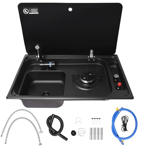 Ensemble cuisinière à gaz et évier en acier inoxydable avec brûleur unique intégré avec couvercle en verre trempé et robinet pliable pour camping-car, van, bateau, camping-car (noir)